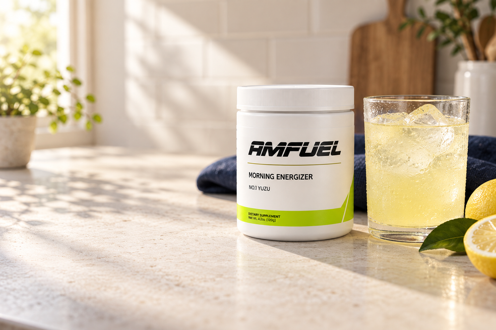 AMFUEL Yuzu Morning Energizer on a sunlit kitchen counter